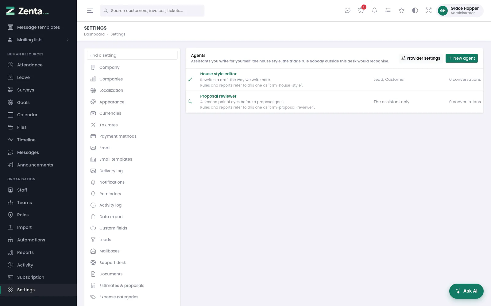 Settings → AI assistance → Agents.