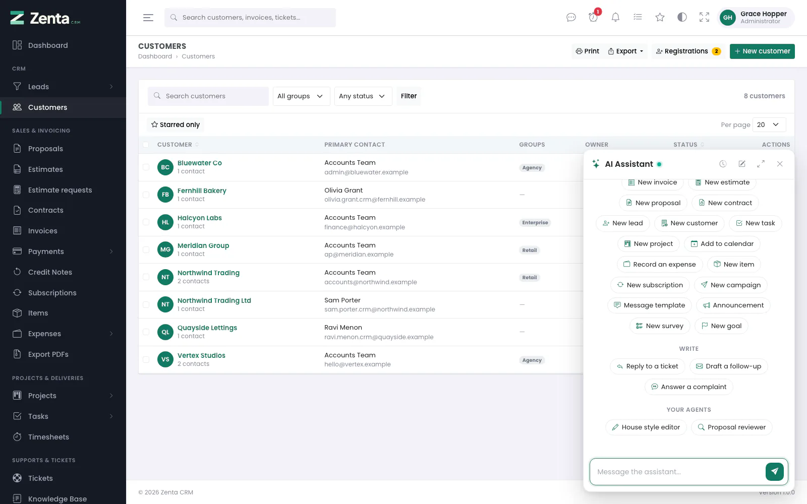 The assistant open over the customer list: one-click actions, and the agents your business wrote.