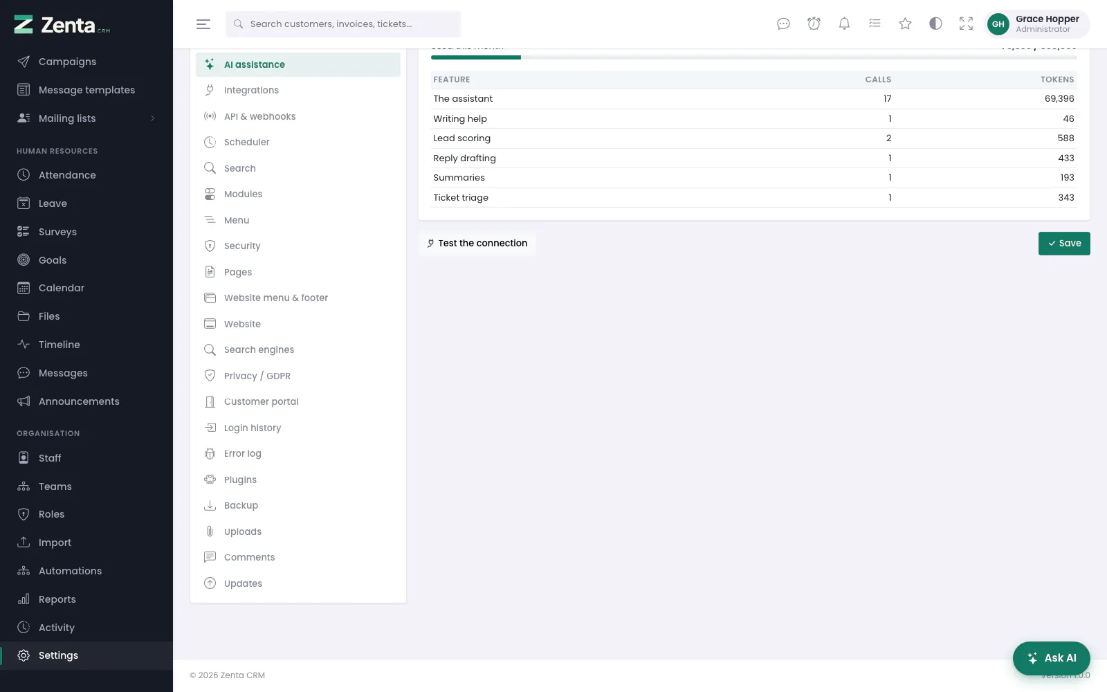 The foot of the page: this month's usage by feature, the connection test and Save.