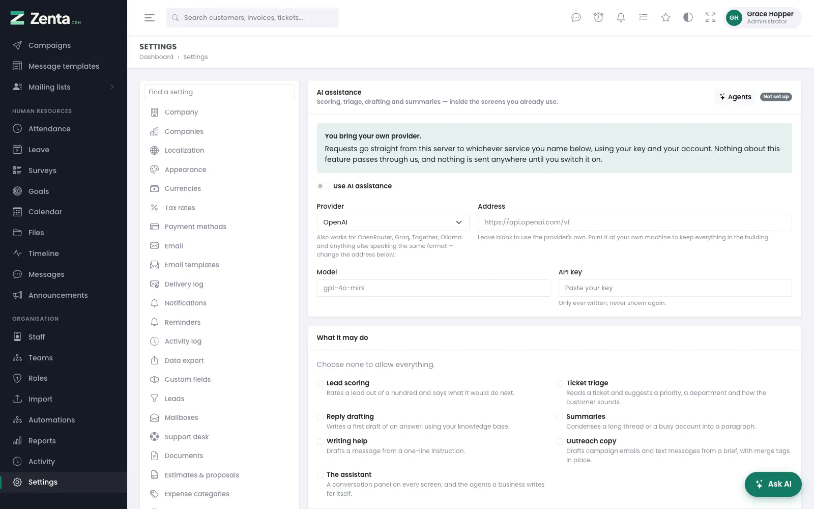 Settings → AI assistance on a single-business install: the provider, the key, and what it may do.