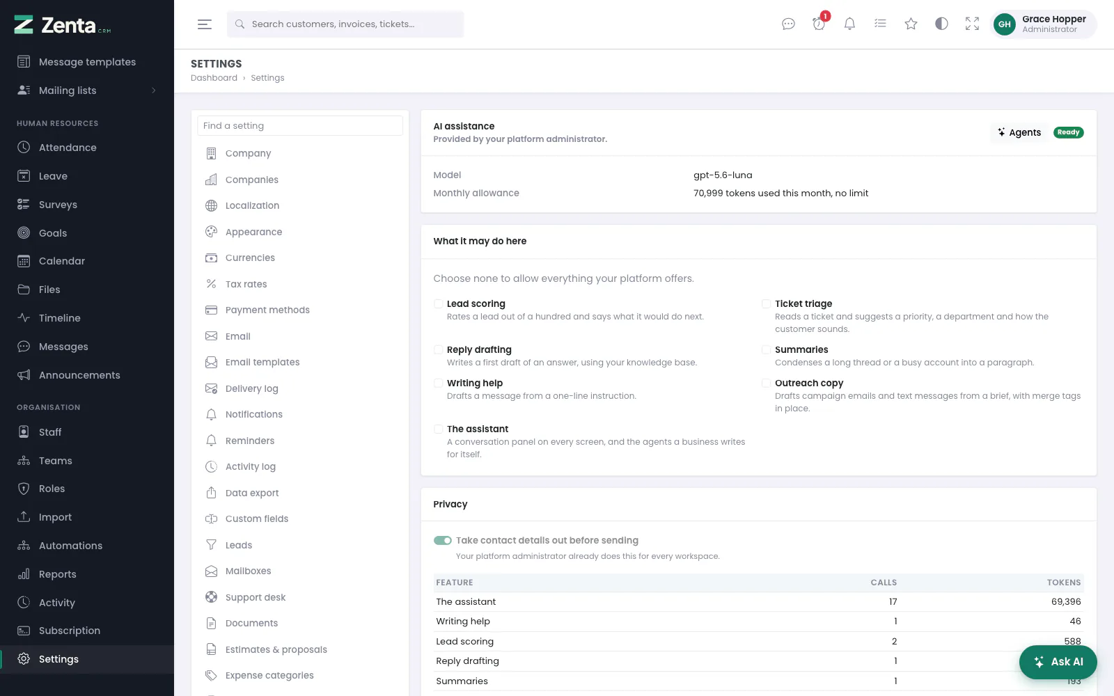 A workspace's own AI page on a SaaS install: the model, the allowance, and what it may do here.
