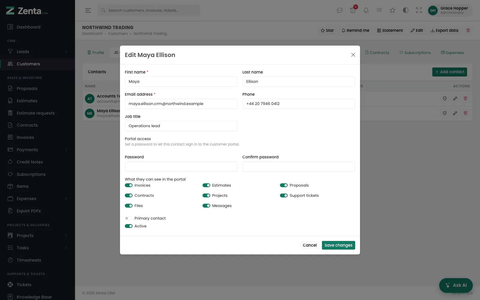 A contact: their details, a portal password, and what they may see in the portal.