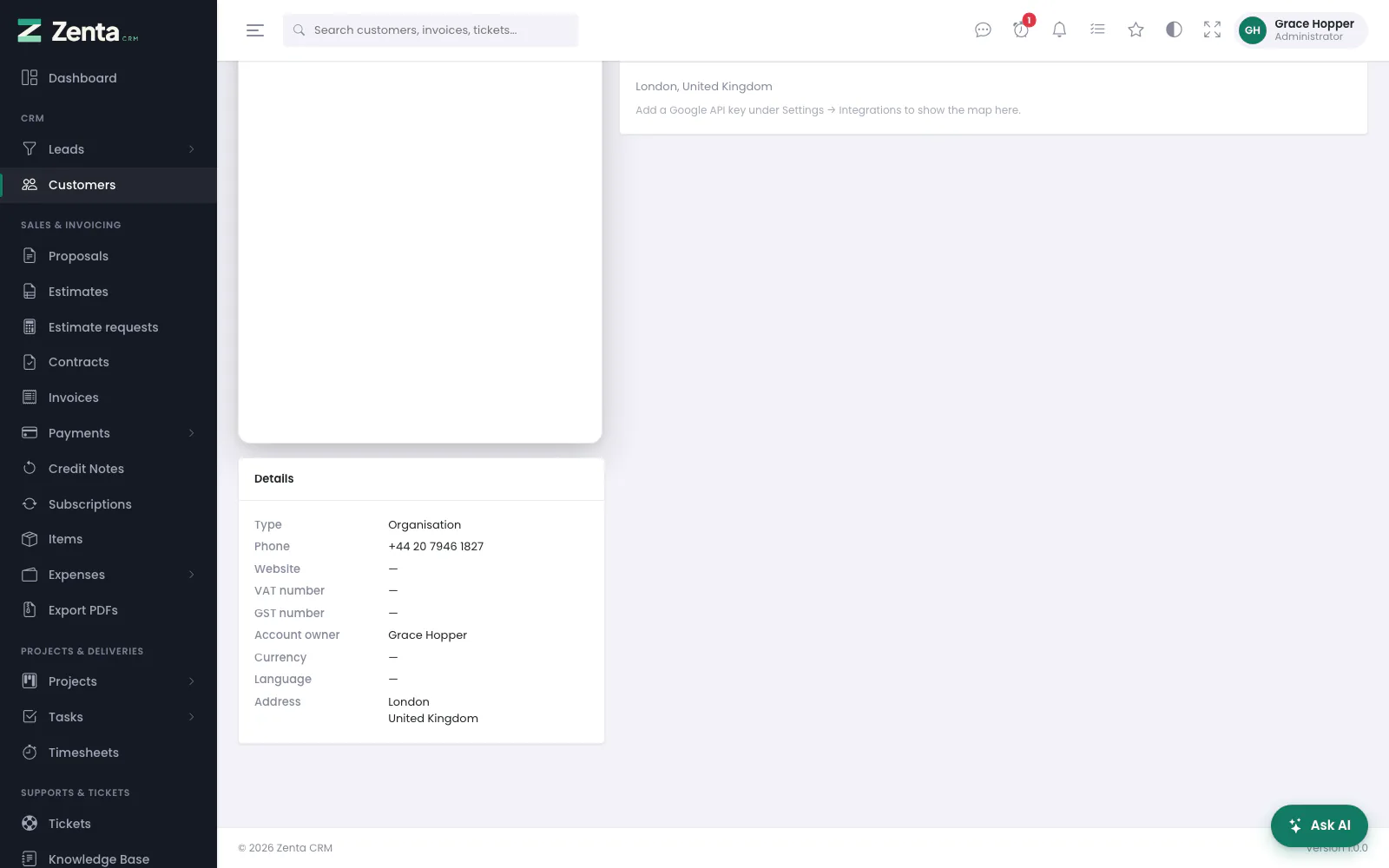 The rest of the profile: the customer's details and address.
