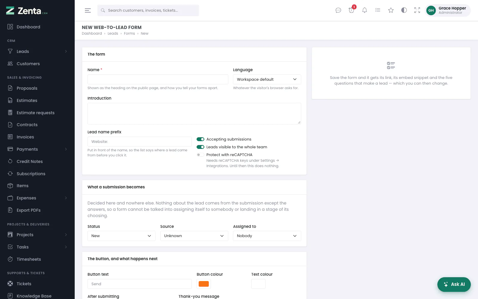 A new form. Its link, snippet and questions appear once it is saved.