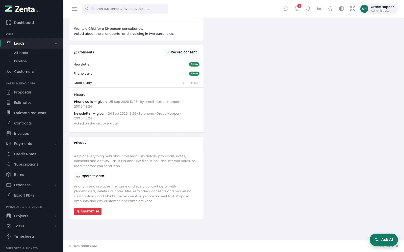 A lead's consents and its Privacy card: export and anonymise.