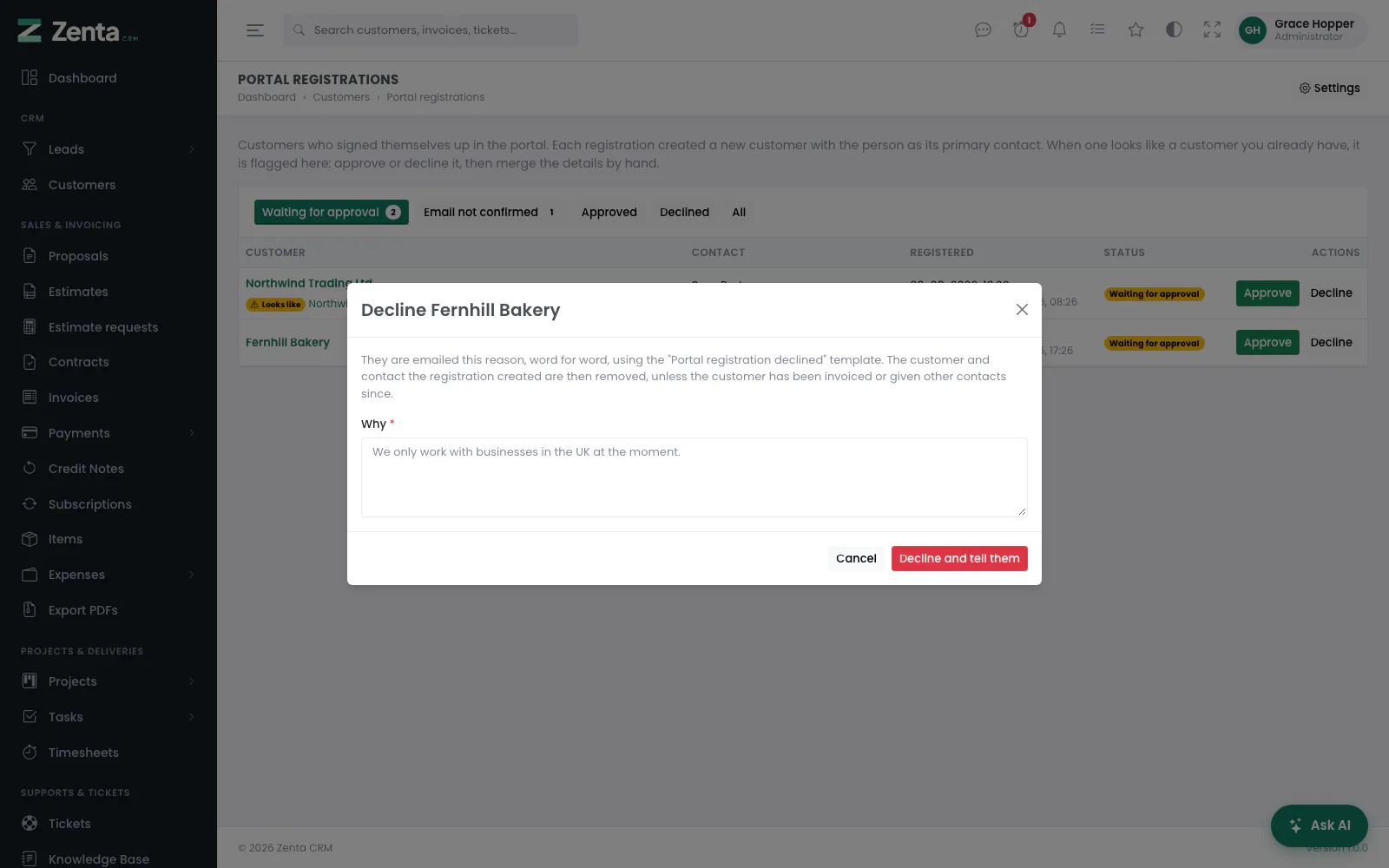 Declining a registration: the reason is emailed to them.