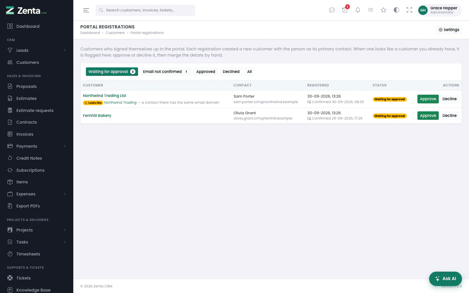 Registrations waiting for approval. One looks like a customer you already have.