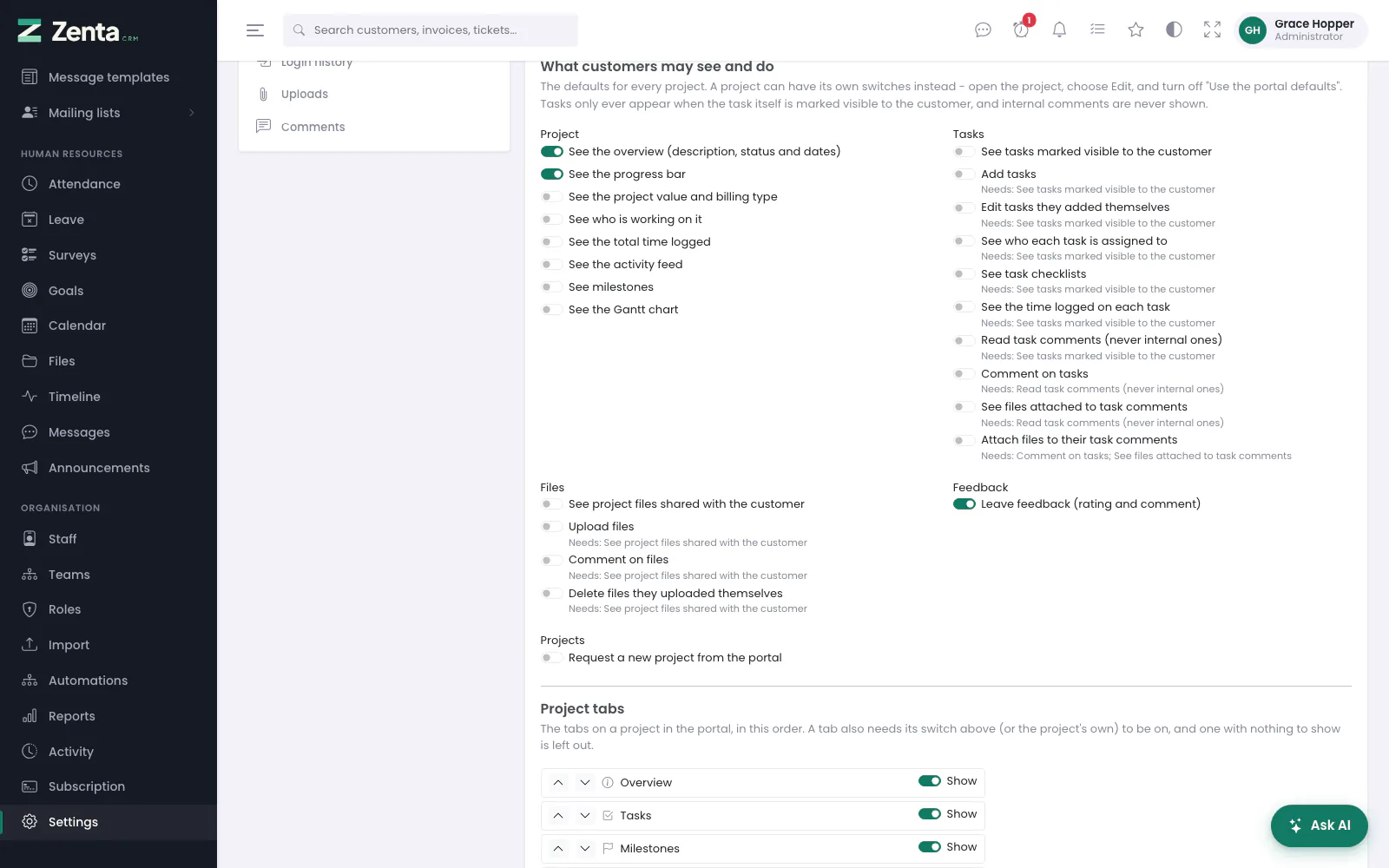 The Projects card: what customers may see and do, and the project tabs.