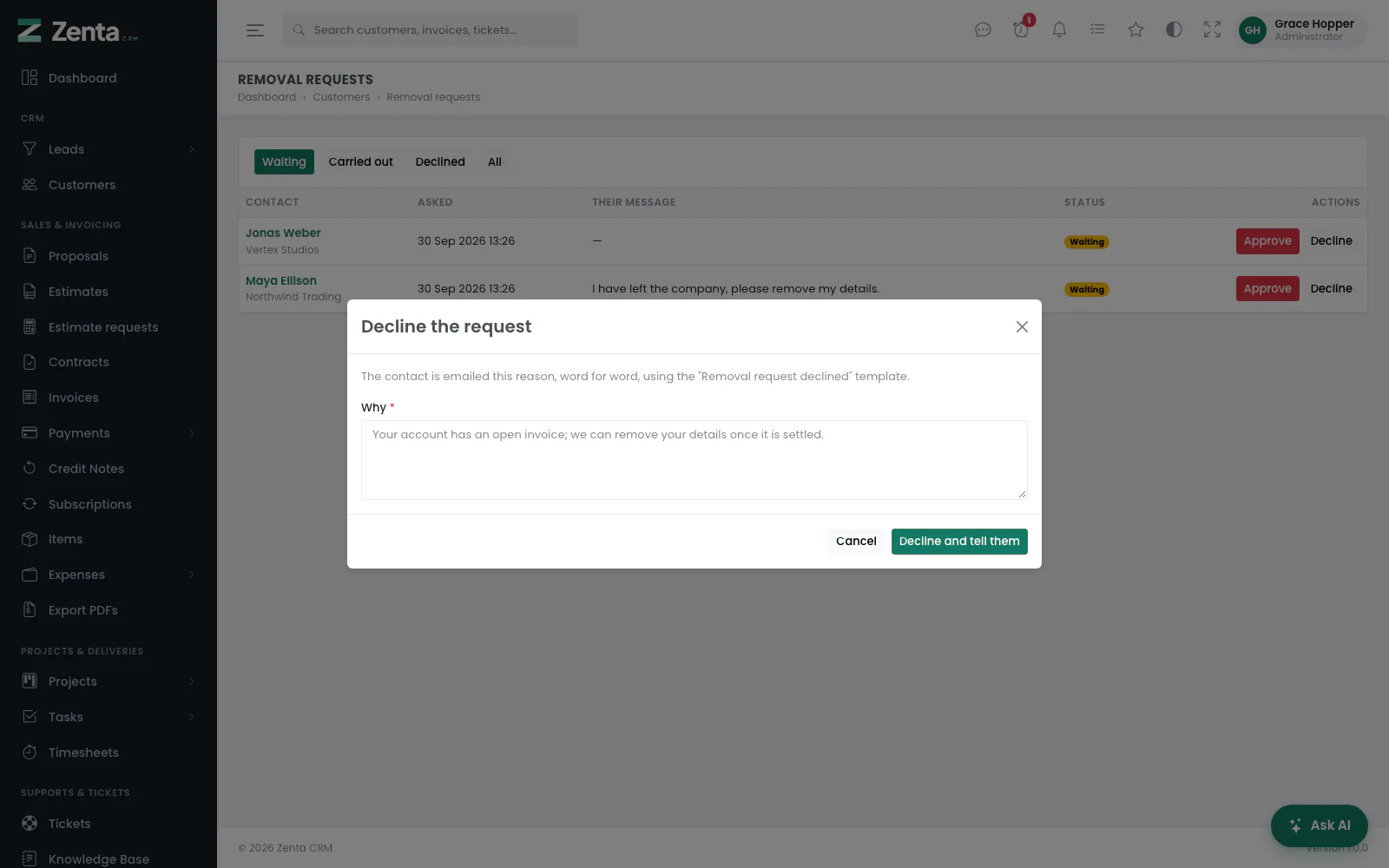 Declining a removal request: the reason is emailed to the contact.