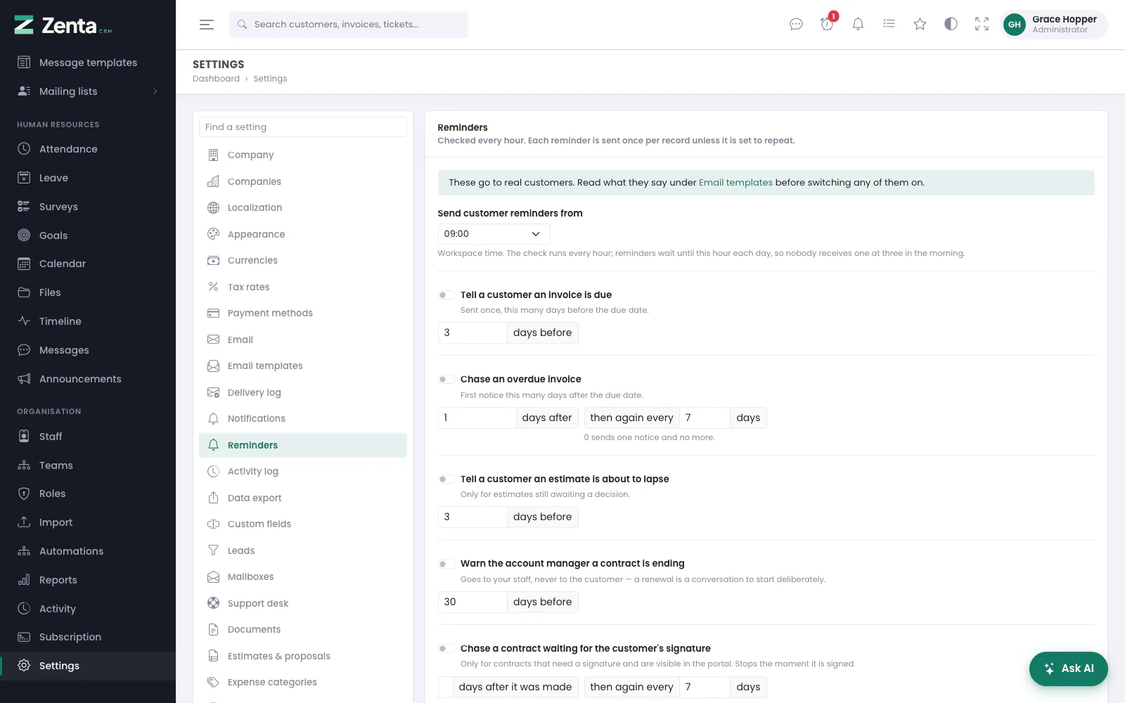 Settings → Reminders: each one off until you switch it on, with its own timing.