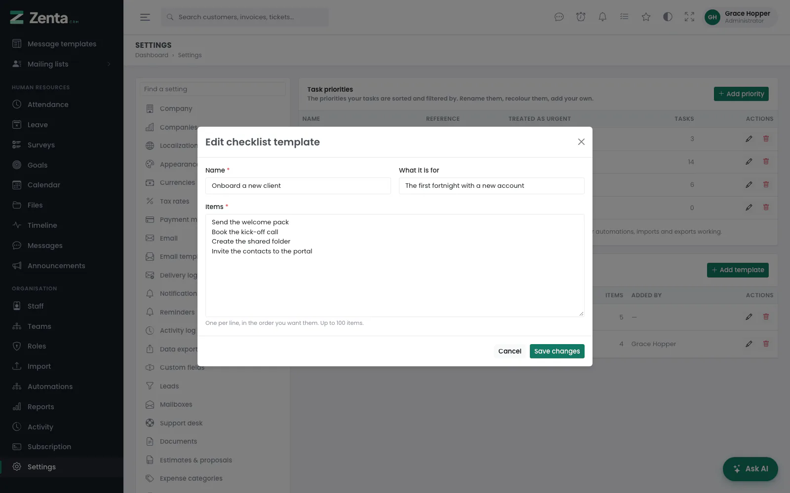 A checklist template: a name, what it is for, and the items one per line.
