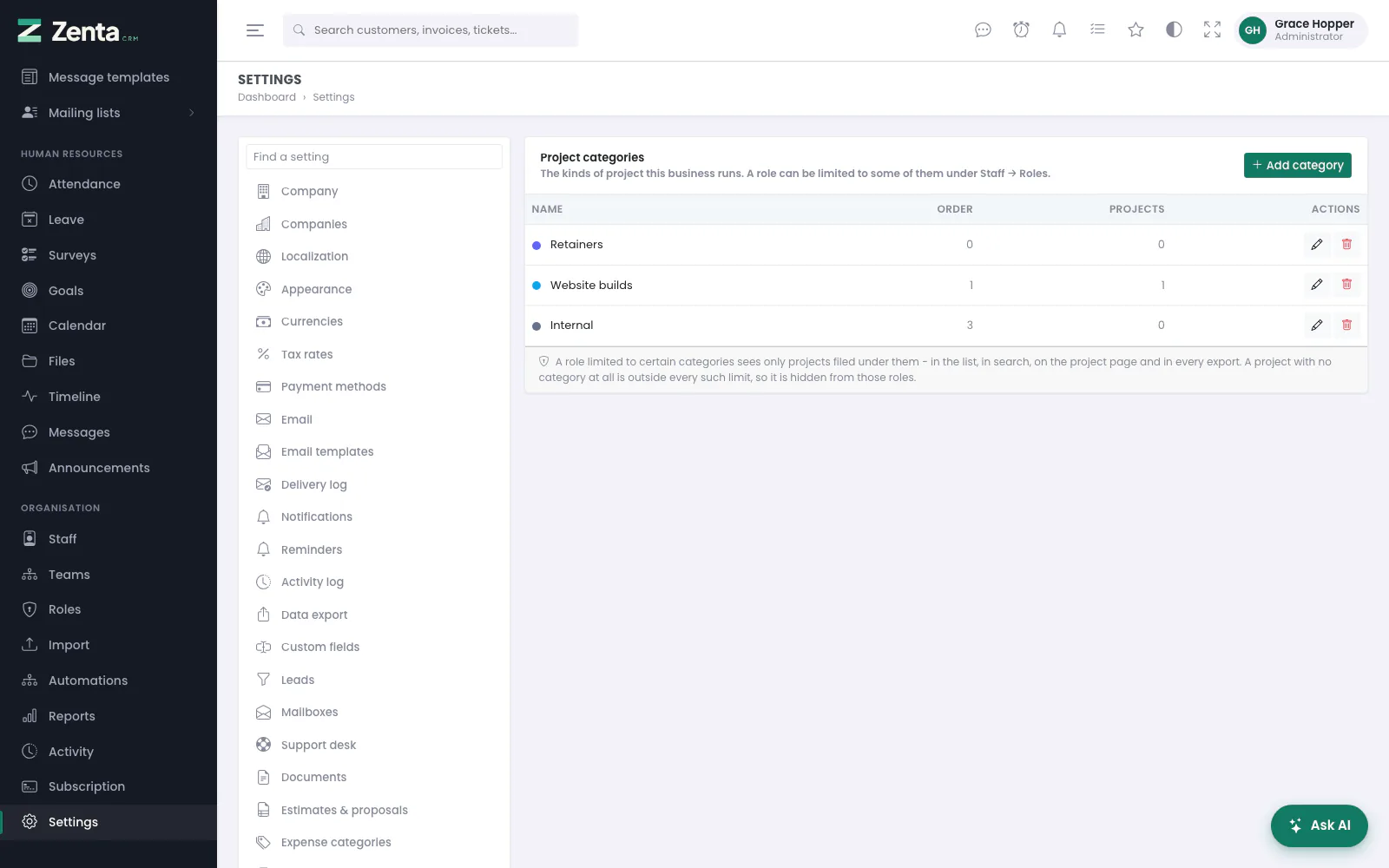 Settings → Project categories: each category with its colour, its place in the order and how many projects use it.