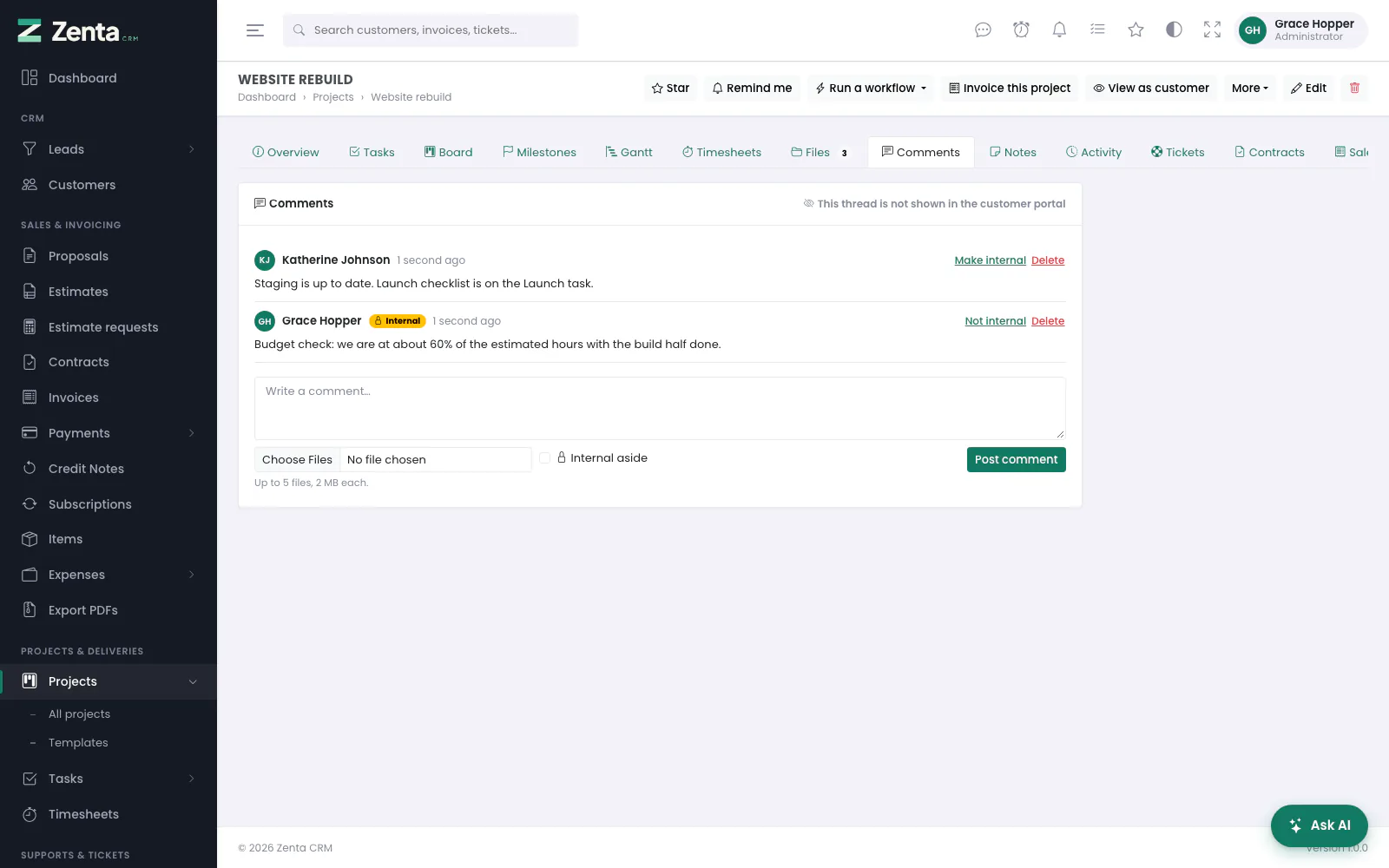 The Comments tab: a staff-only thread. An internal comment is marked, and can be turned back.