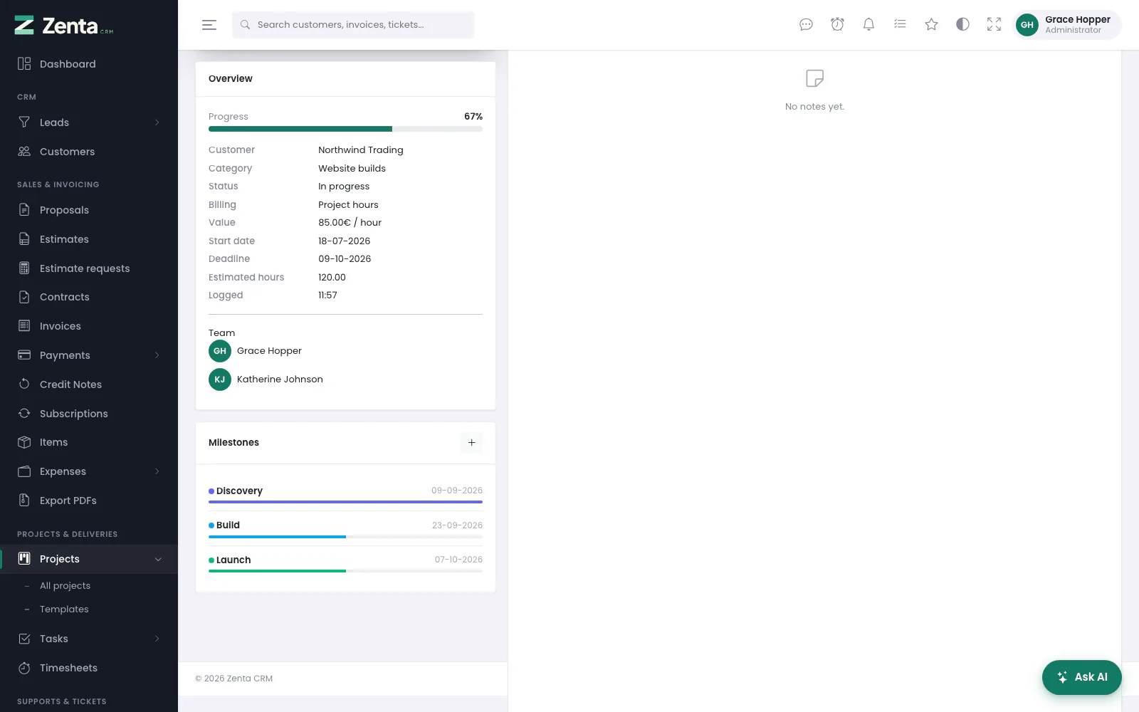 Lower on the overview: the project's details, its team and its milestones with their progress.