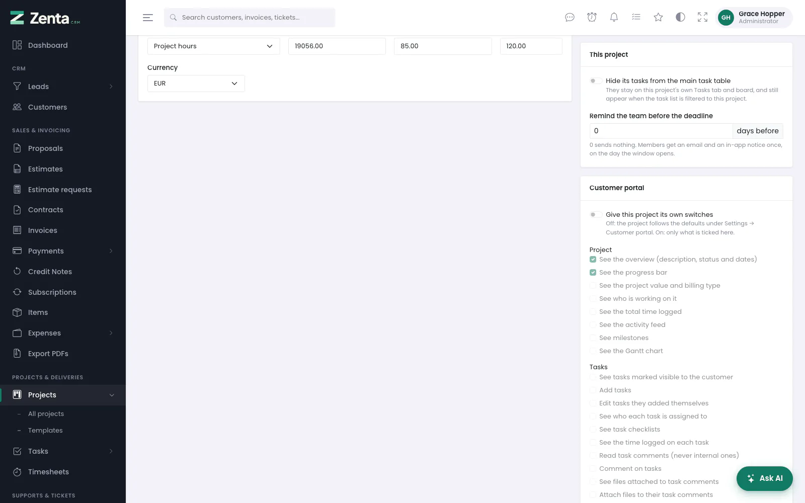 Further down the form: the per-project switches and the Customer portal card.