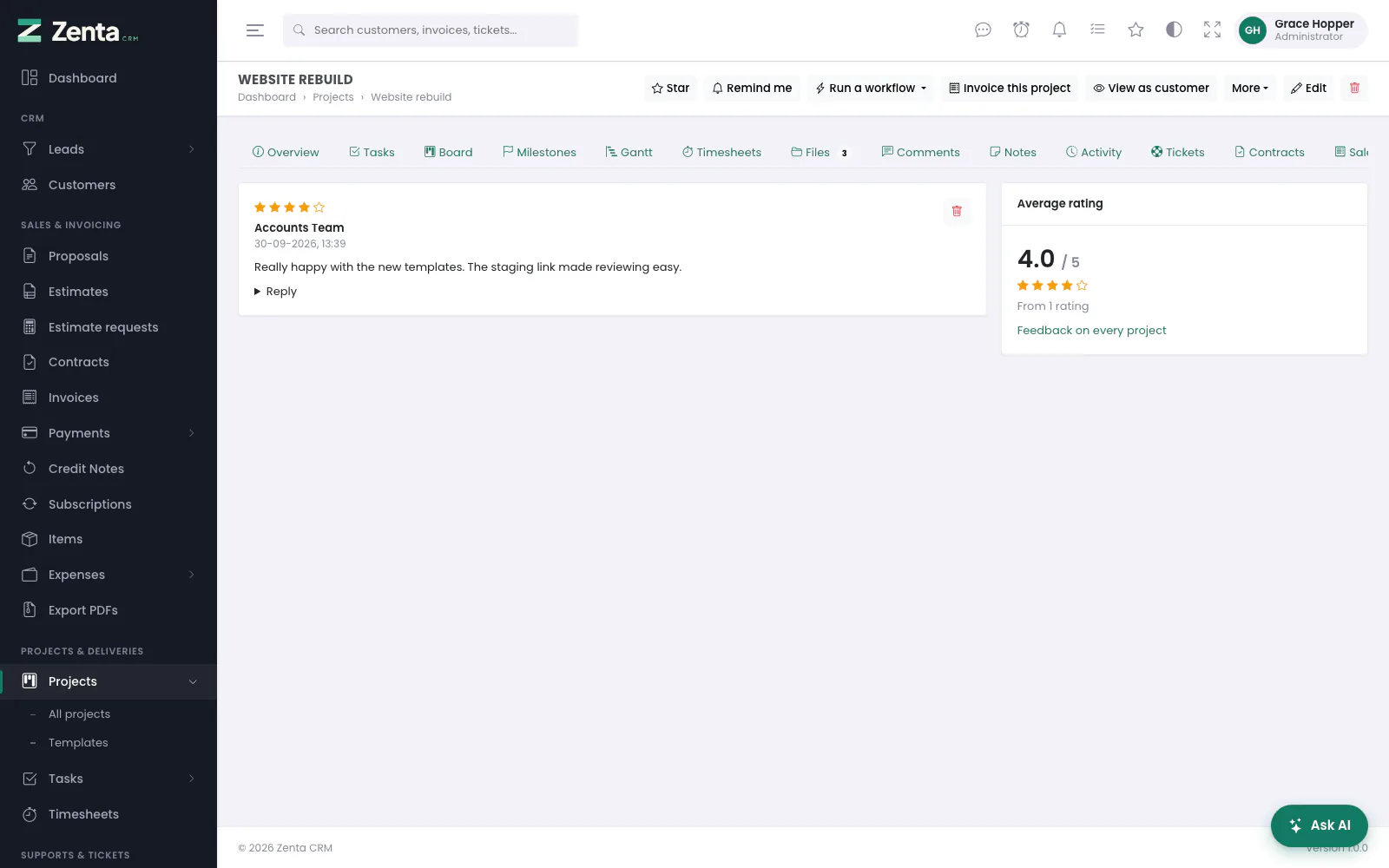 The Feedback tab: each rating with its comment, a reply, and the average.