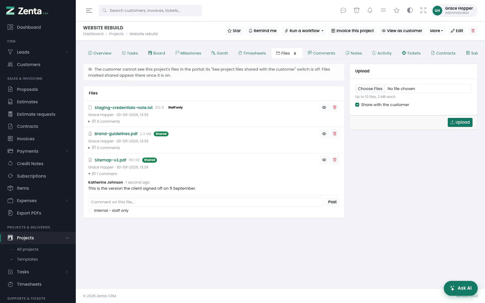 The Files tab: each file shared with the customer or kept to staff, with its own comment thread.