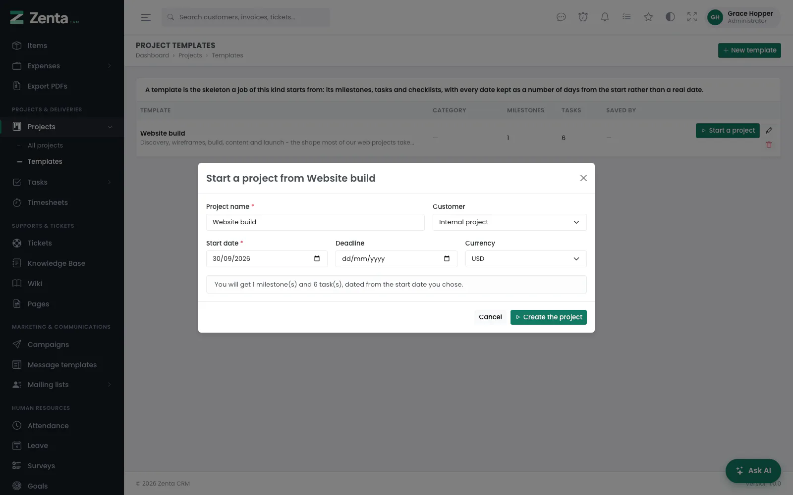 Start a project from a template: name, customer, start date, deadline and currency.