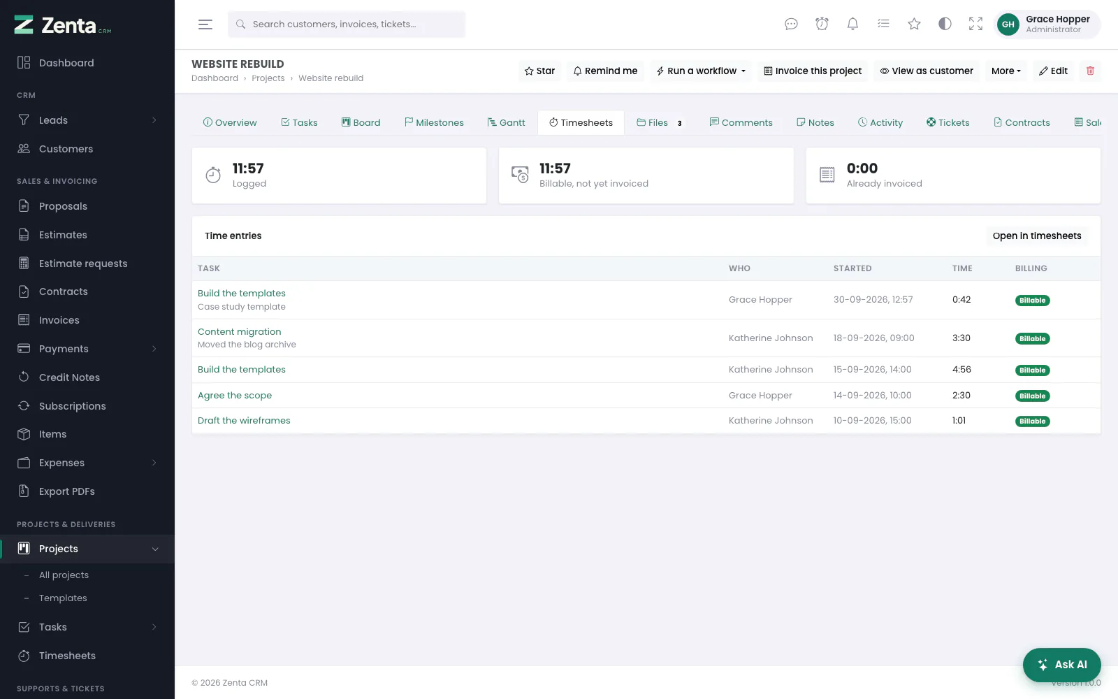 The Timesheets tab: logged, billable but not yet invoiced, and already invoiced, then the entries.