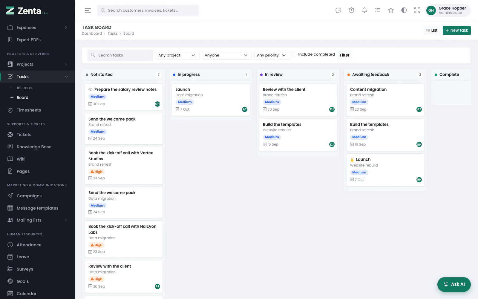 The task board: a column per status, each card with its project, priority, due date and assignees.