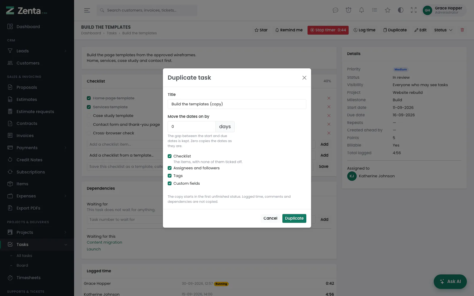 Duplicate task: a title for the copy, how far to move the dates, and what to copy.