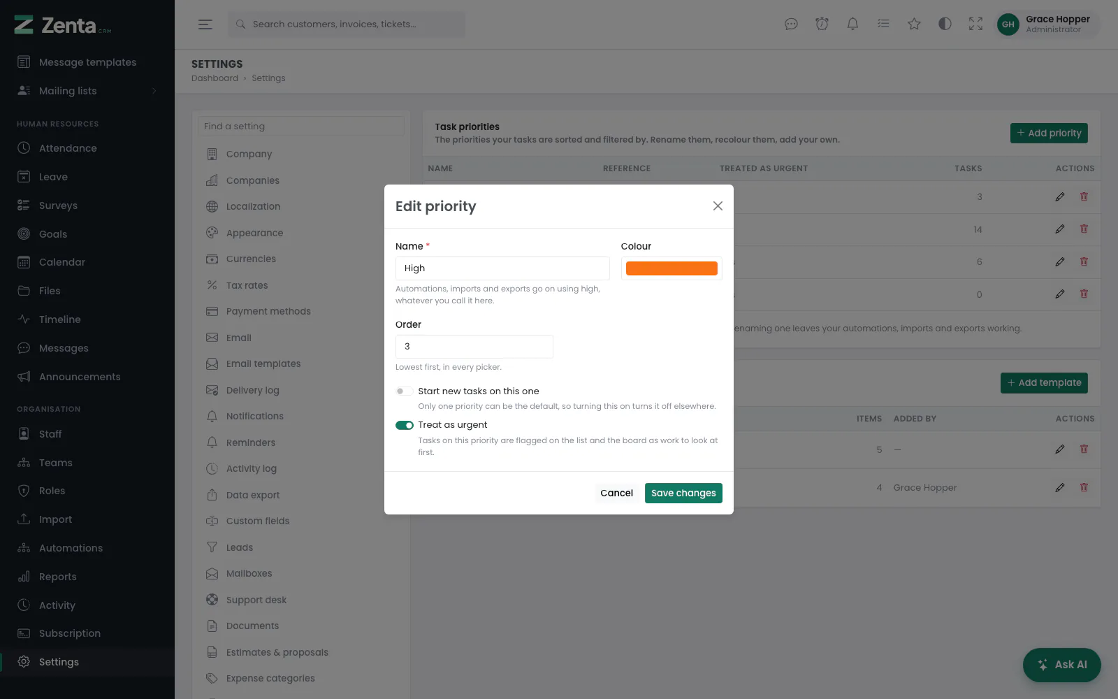Editing a priority. The note under the name gives the reference automations go on using.