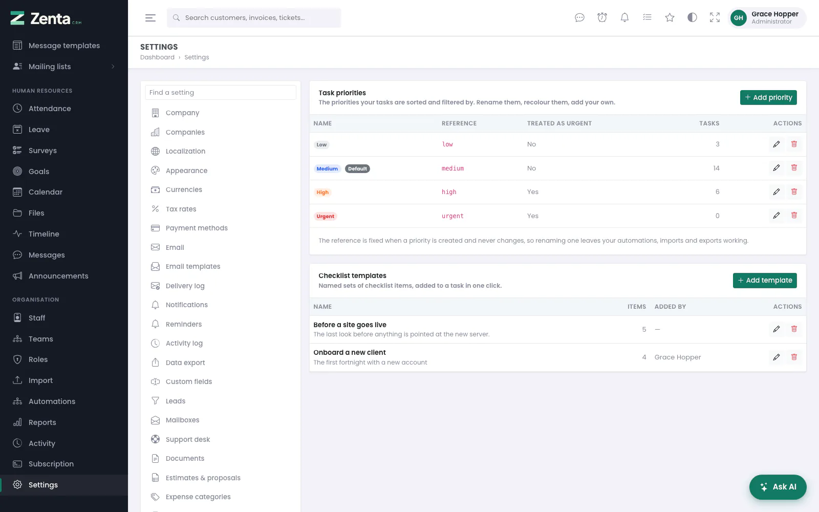 Settings → Tasks: the priorities with their fixed references, and the checklist templates.