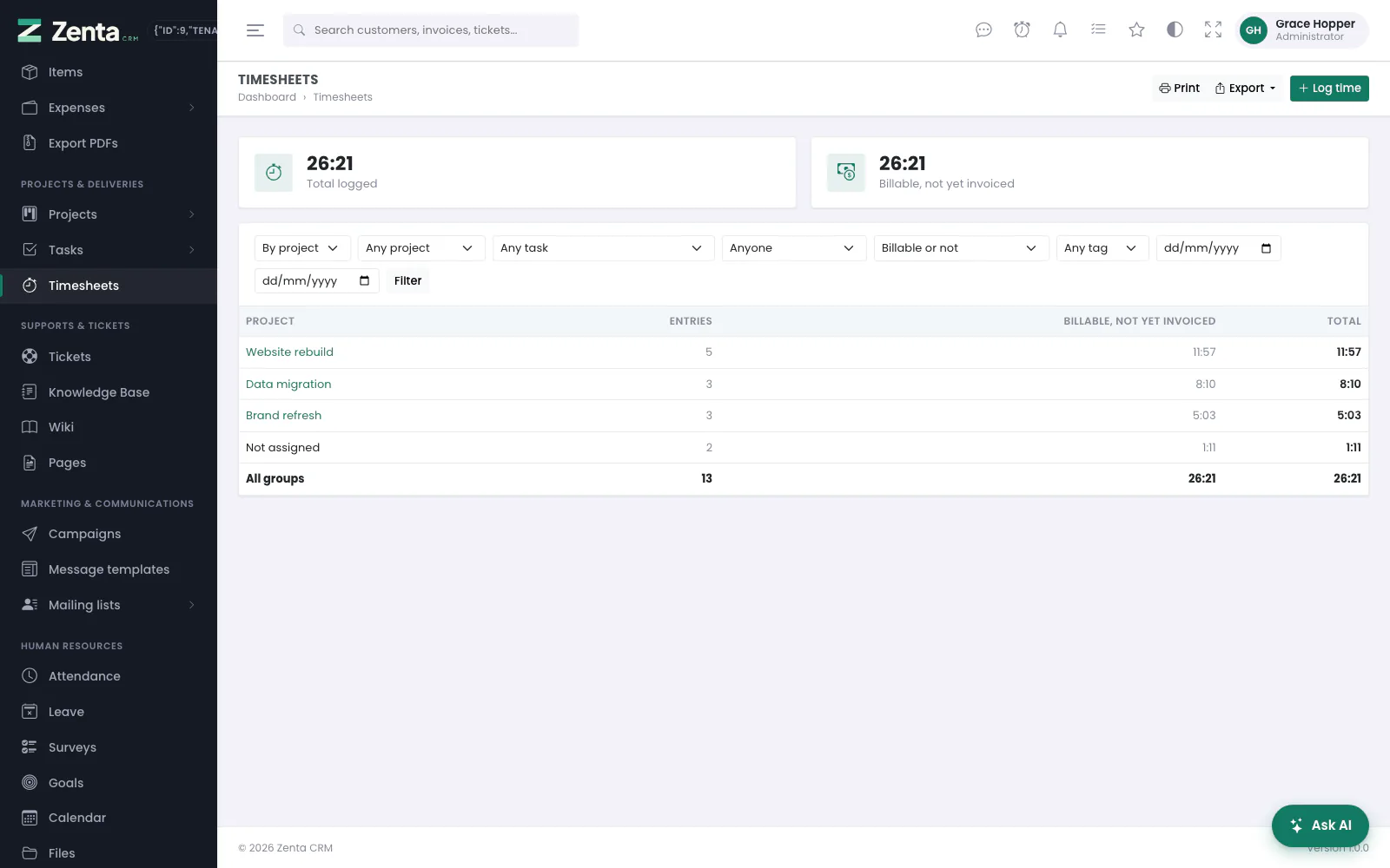By project: entries, billable time not yet invoiced and the total for each, with a line for all of them.