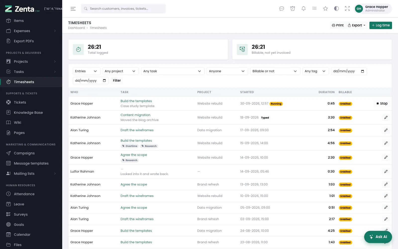 Timesheets: the two totals, the filters, then each entry. A running timer has Stop; a typed total is marked Typed.