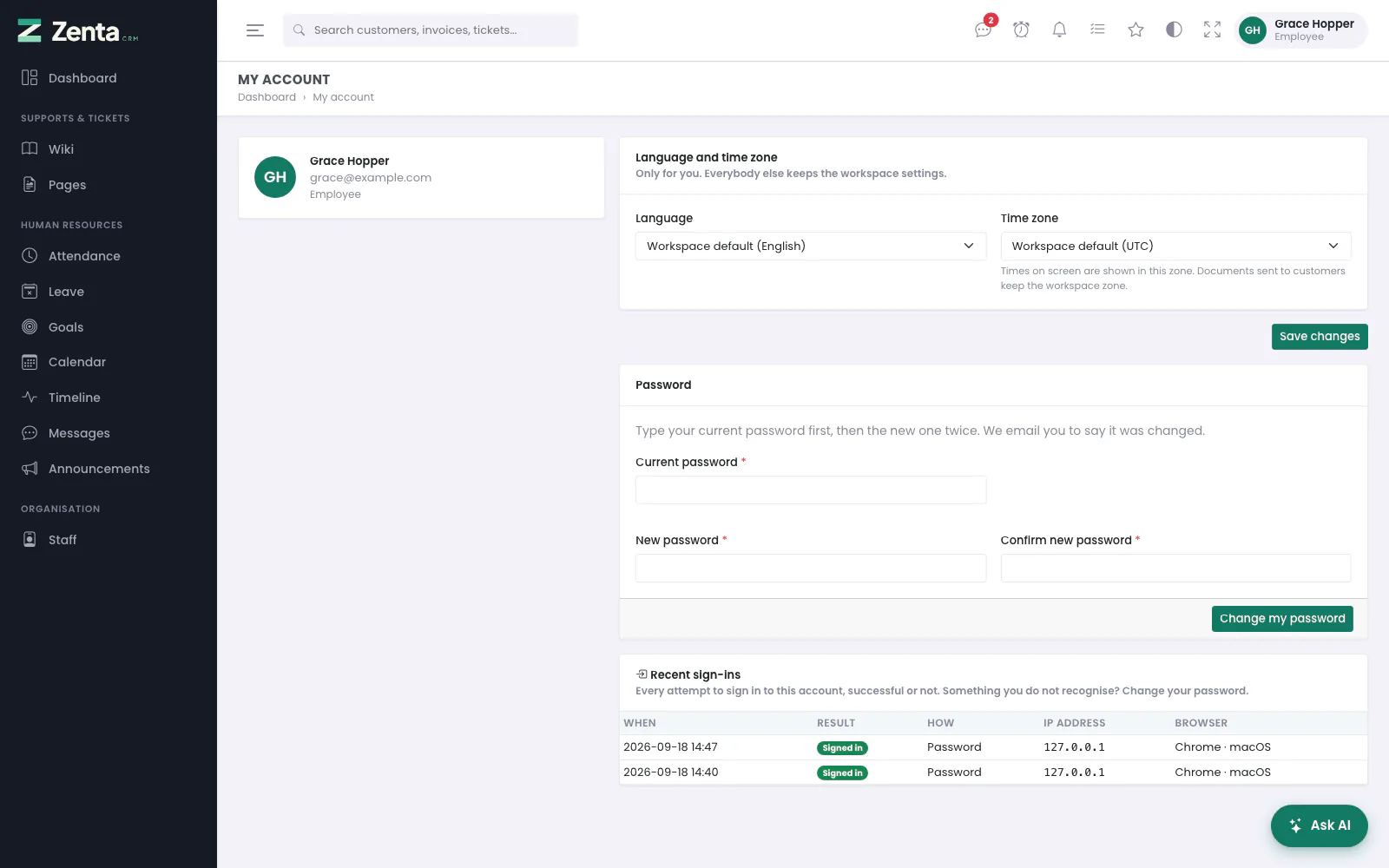 My account for an Employee: language and time zone, password, and recent sign-ins. No signature card, because the role cannot sign for the business.
