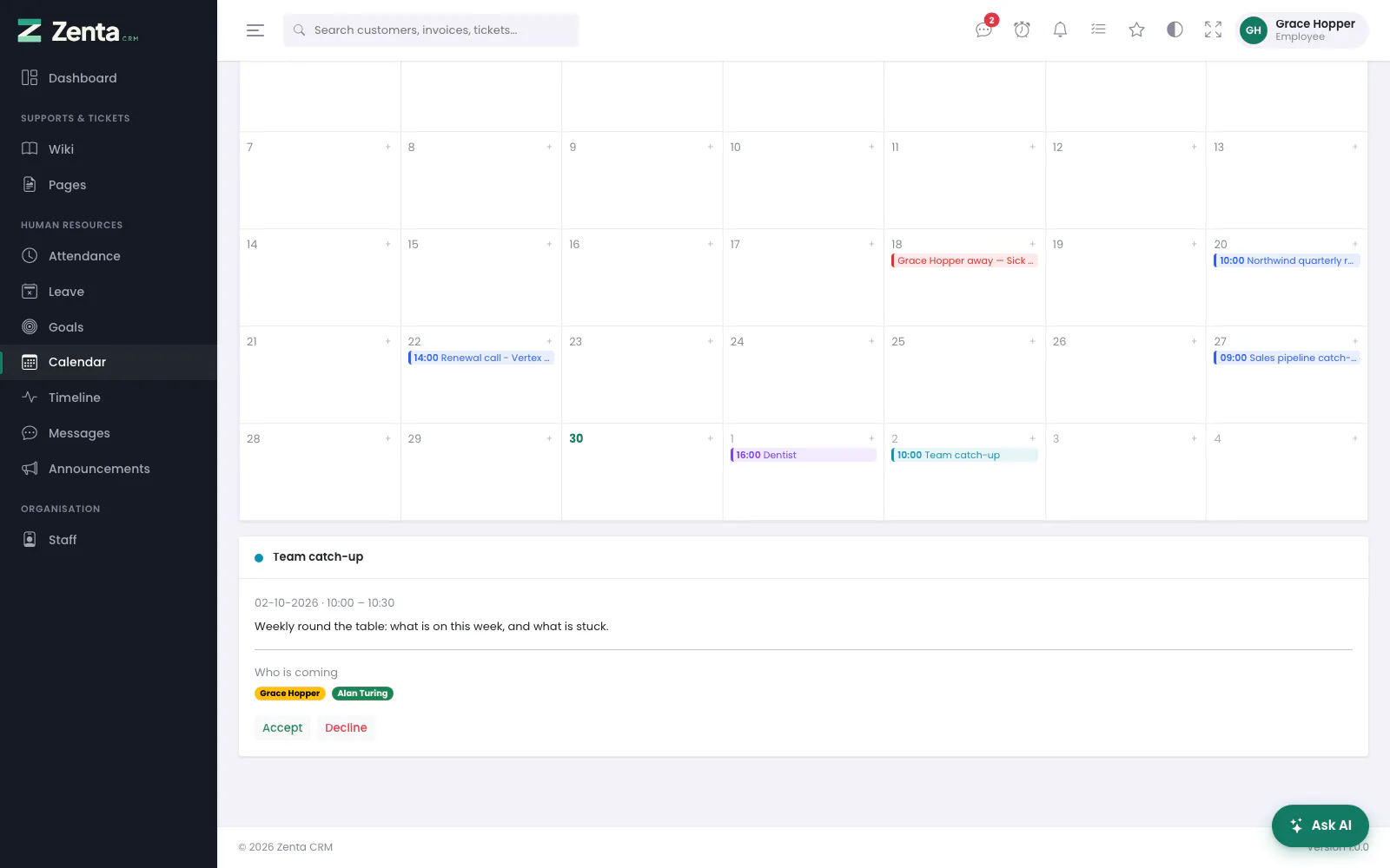 An event a colleague invited you to, opened under the calendar, with Accept and Decline.