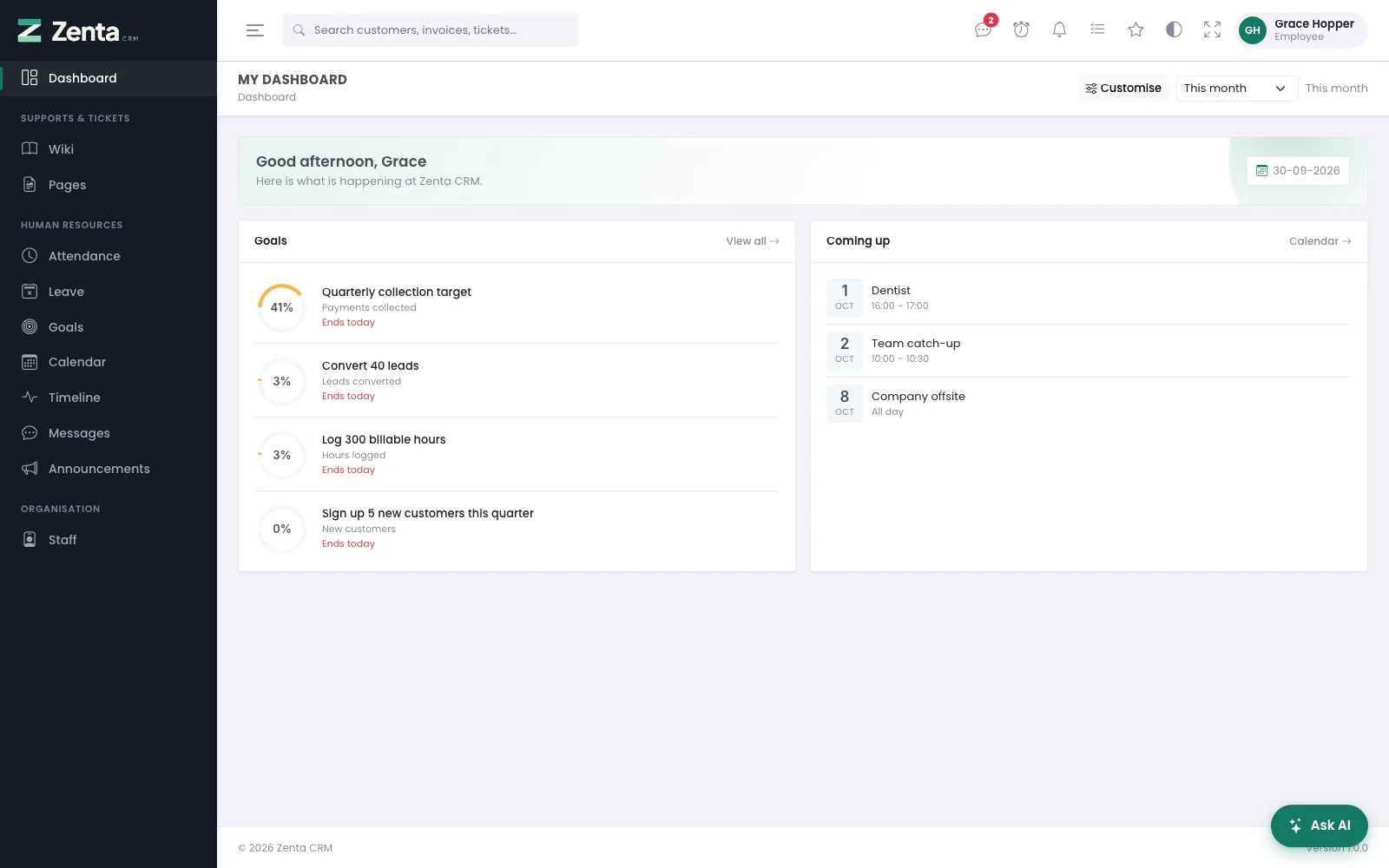 The panel as somebody on the Employee role sees it: a short menu, and a dashboard with only the panels the role allows.