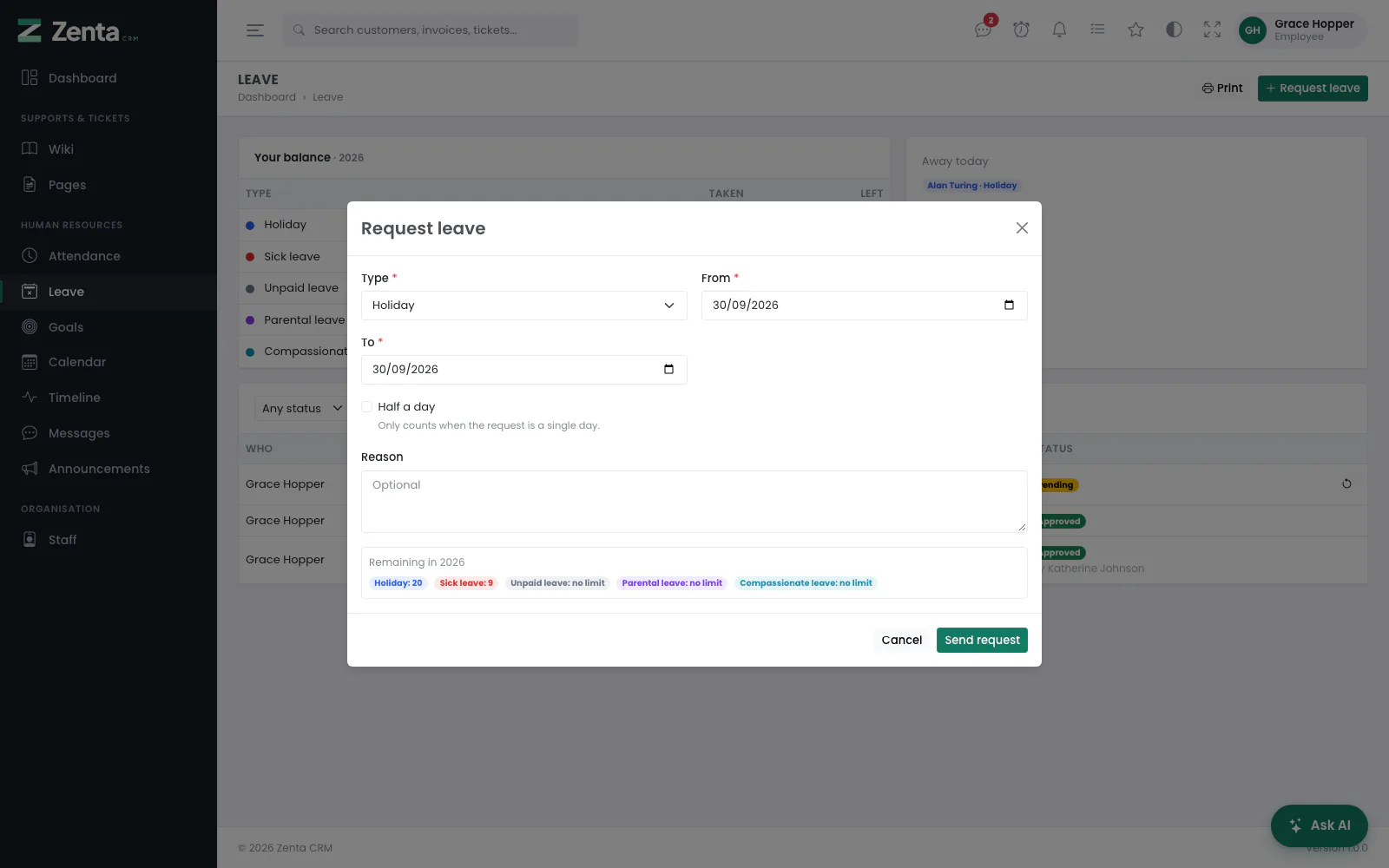 Request leave: no Who field for an Employee, who always asks for themselves. What is left of each allowance is shown at the bottom.