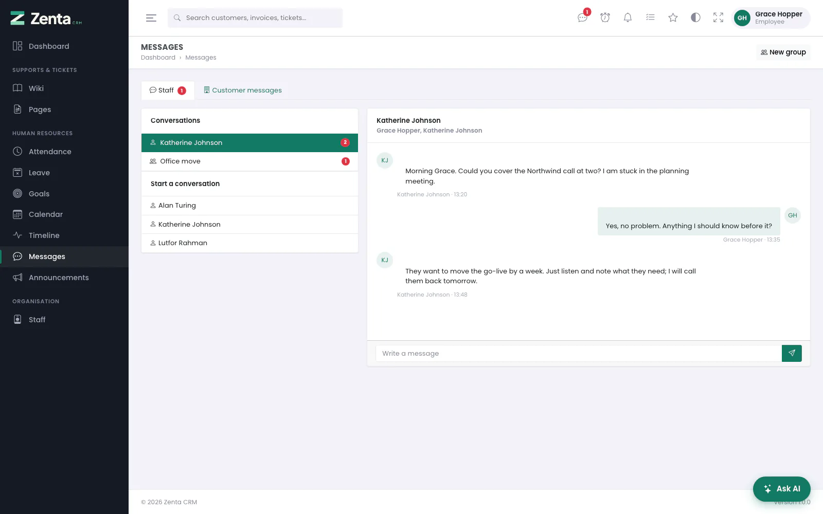 Messages for an Employee: their conversations, the colleagues they can start one with, and the open conversation.