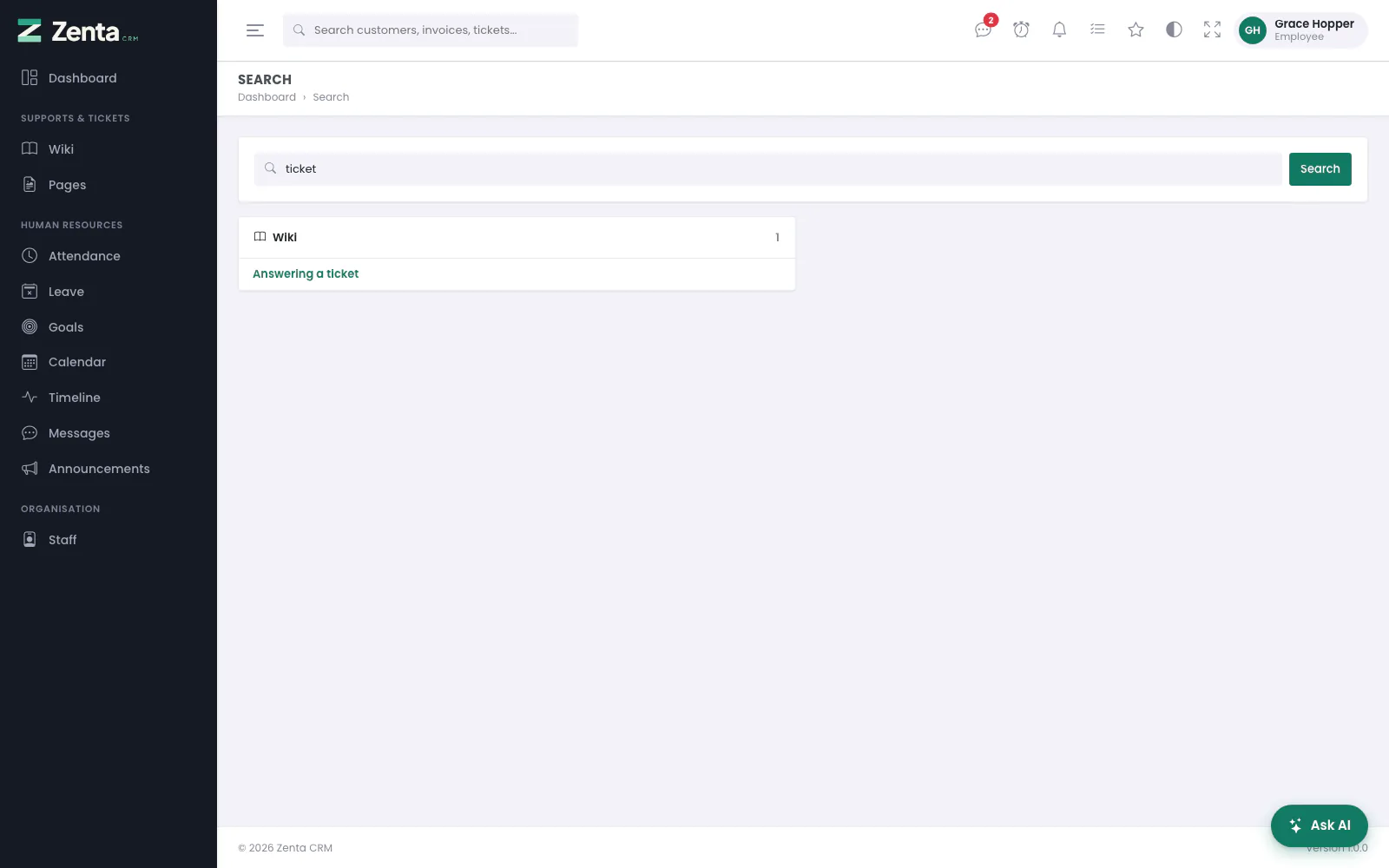 Search as an Employee: the only kind of record the role can open is the wiki, so that is all it finds.