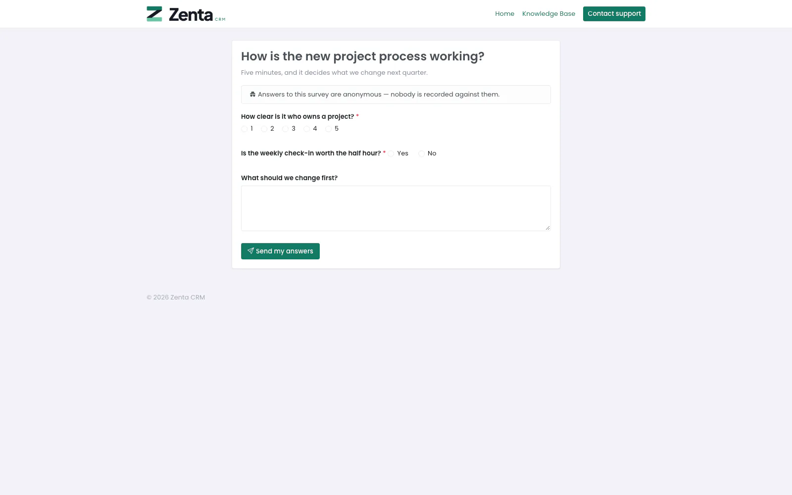 A staff survey opened from its link while signed in: here an anonymous one, which says so above the questions.