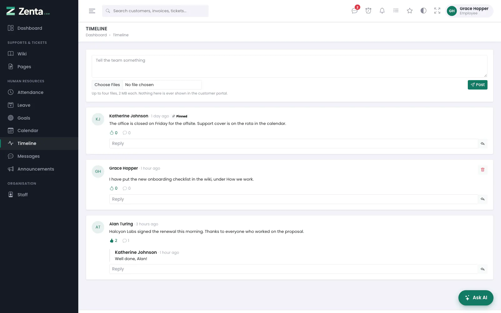 The timeline for an Employee: post, react and reply to anything, and remove your own posts. The pinned post cannot be unpinned.