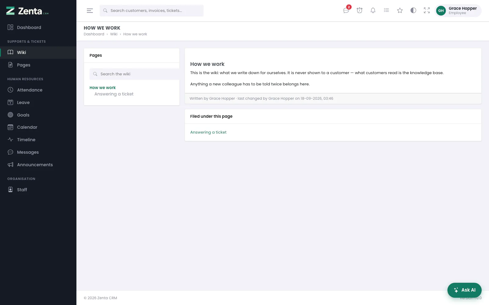 A wiki page for an Employee: the page, who wrote it and last changed it, and the pages filed under it. No Edit button and no History.