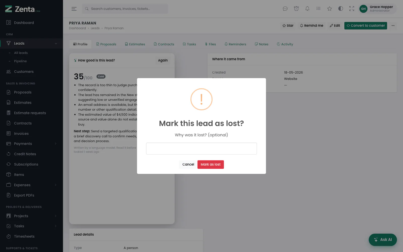 Mark as lost asks why; the answer is shown on the lead.