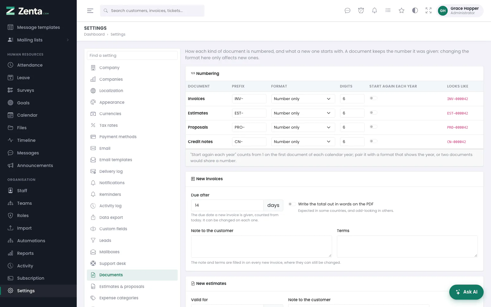 Settings, Documents: how each kind of document is numbered, and what a new invoice, estimate or proposal starts with.