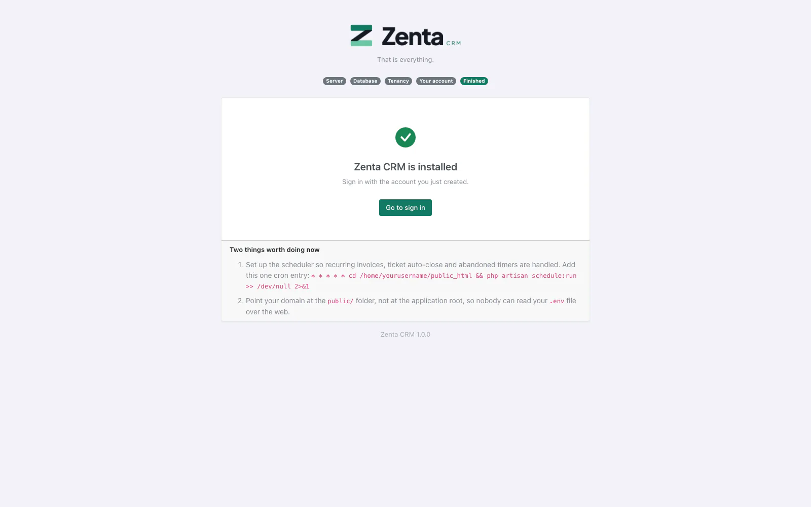 Zenta CRM is installed, with the cron line for this server underneath.