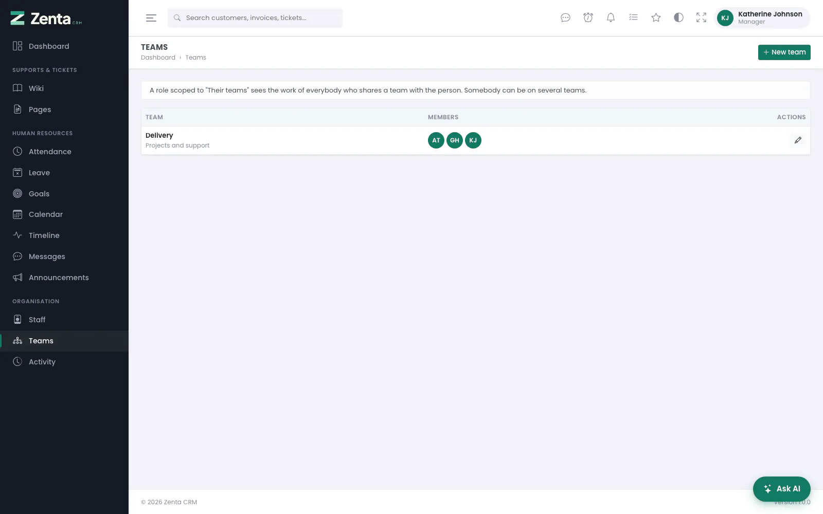 Organisation, Teams for a manager: New team and the pencil to edit, but no bin, because the role has no Delete on teams.