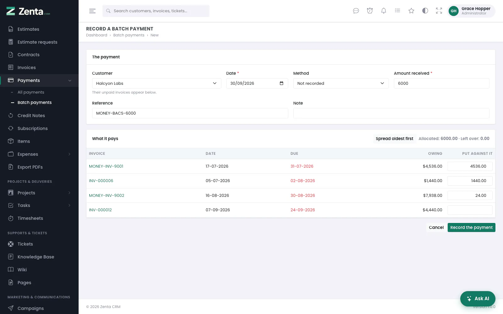 Recording a batch: 6,000 spread oldest first across what the customer owes.