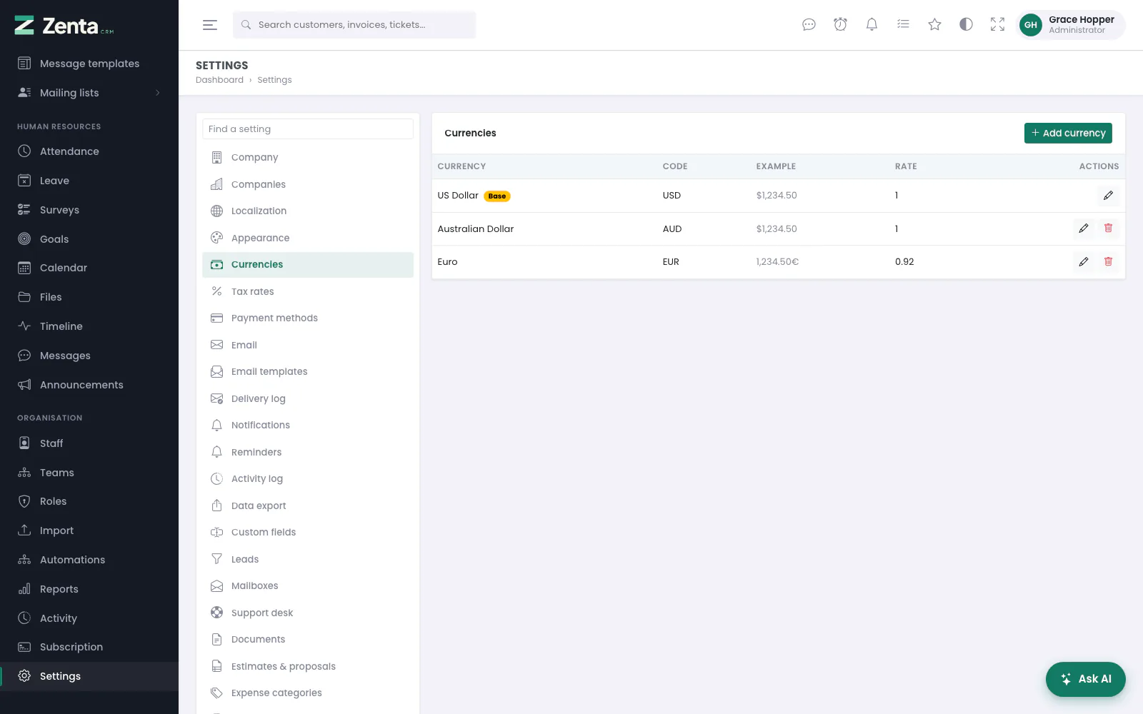 Settings, Currencies: the base currency and the others you invoice in.