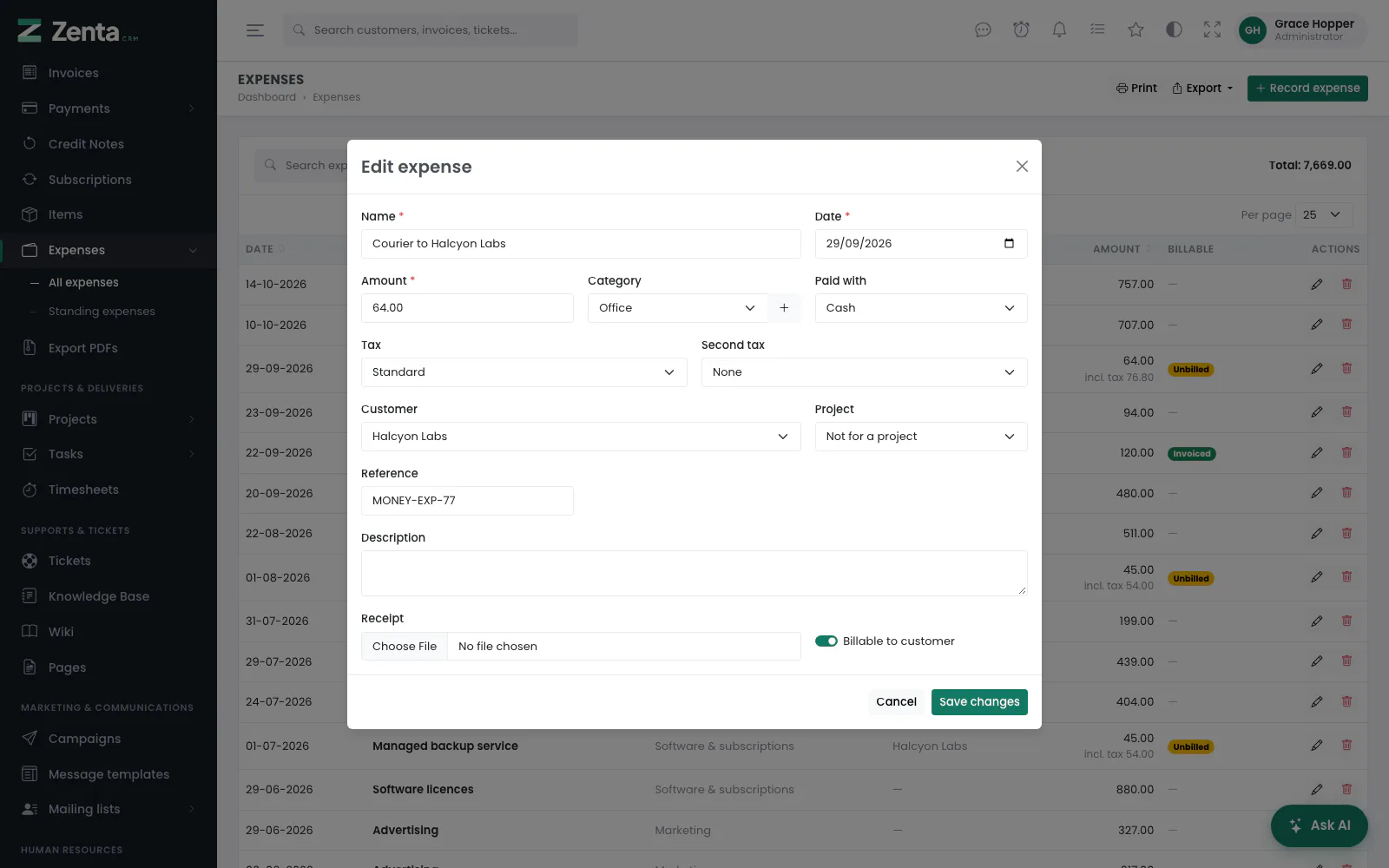 Editing an expense. The receipt link appears once one has been attached.