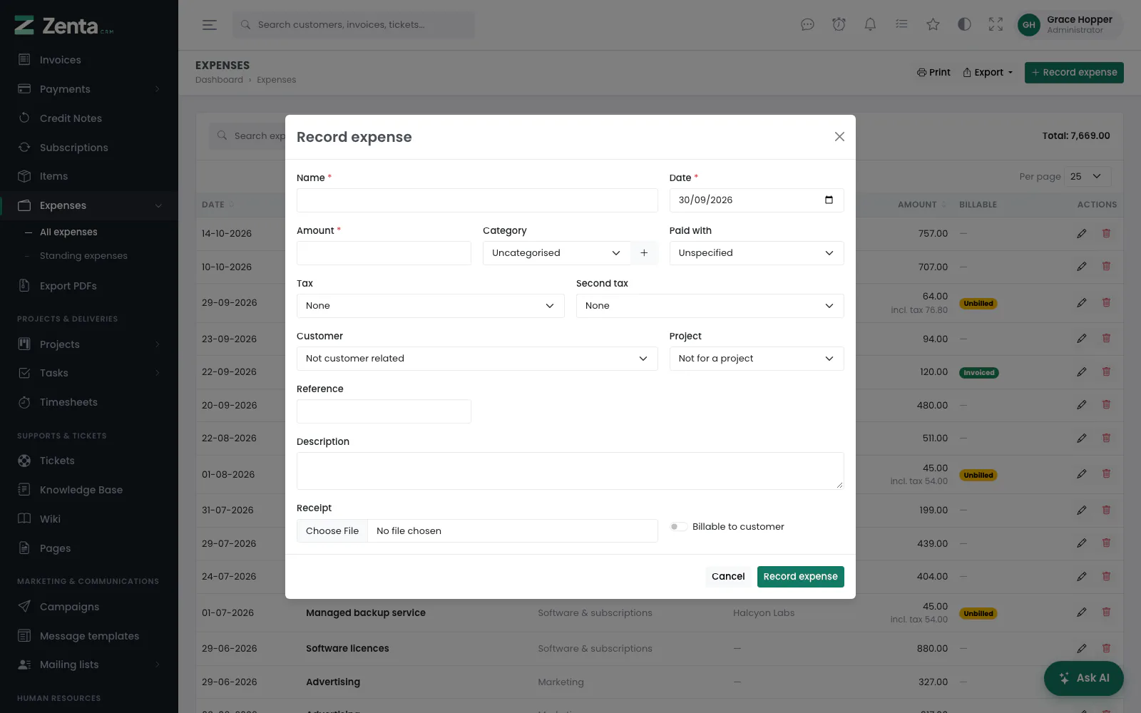 Record expense: what was spent, on what, and whether the customer pays for it.