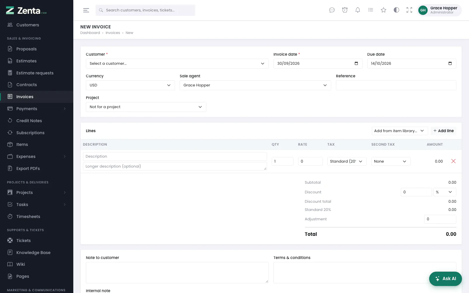 A new invoice: who it is for, when it is due, and the lines.
