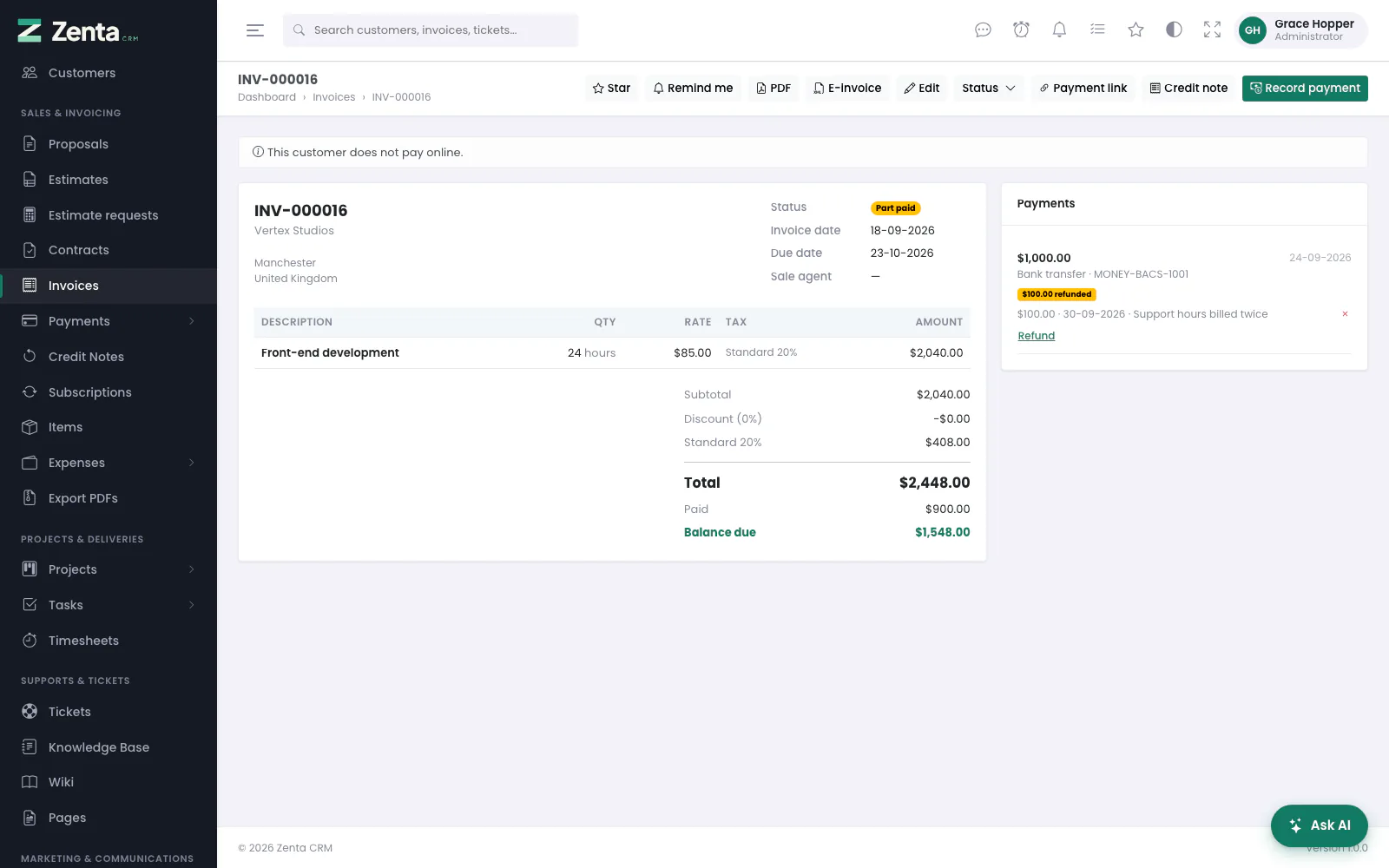 One invoice: the document, what has been paid, and what is still due.