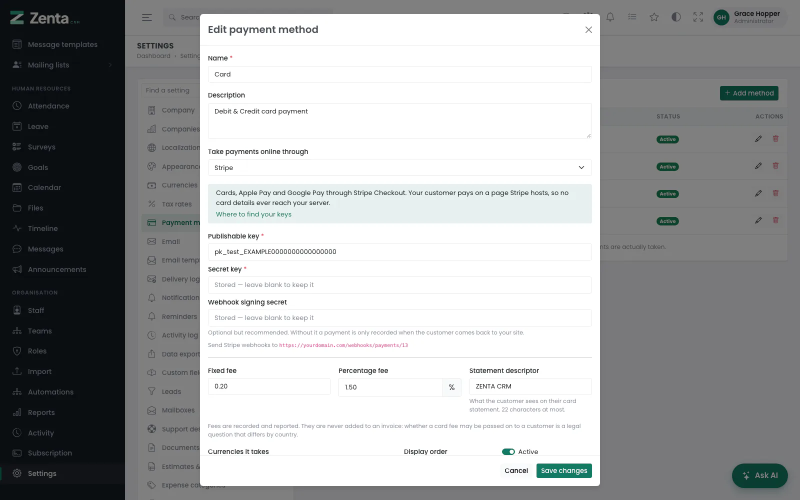 A gateway is a payment method with a driver behind it: the keys, then the webhook address.