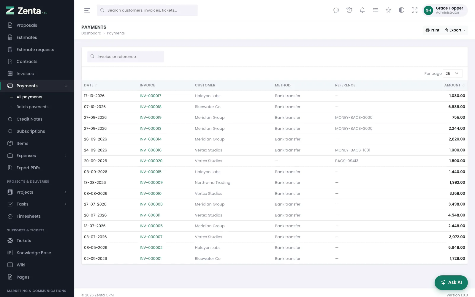 Every payment received, newest first, with how it arrived.
